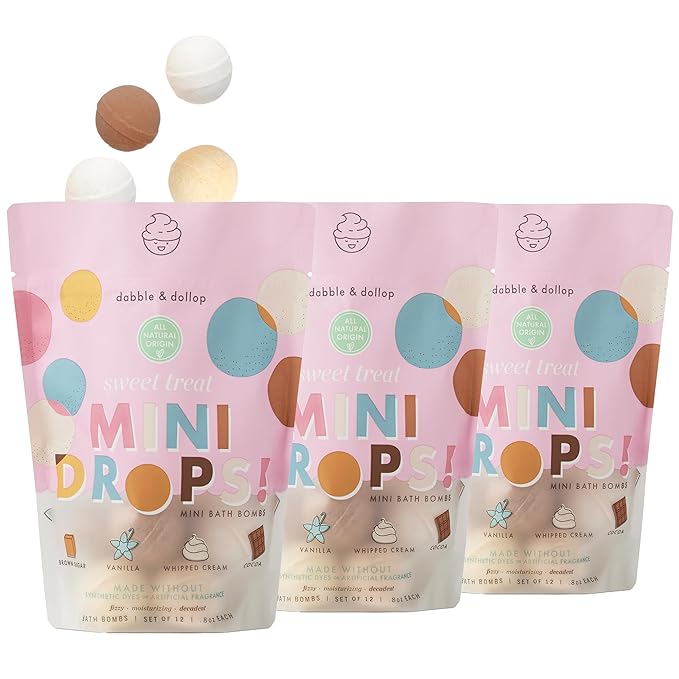 Dabble & Dollop Mini Bath Bombs, Natural Droplets for Kids, Sweet Treat Scents - Resealable Pouches, Fizzy, Moisturizing & Fun, Vegan, Gluten-Free, Cruelty-Free (Set of 36)