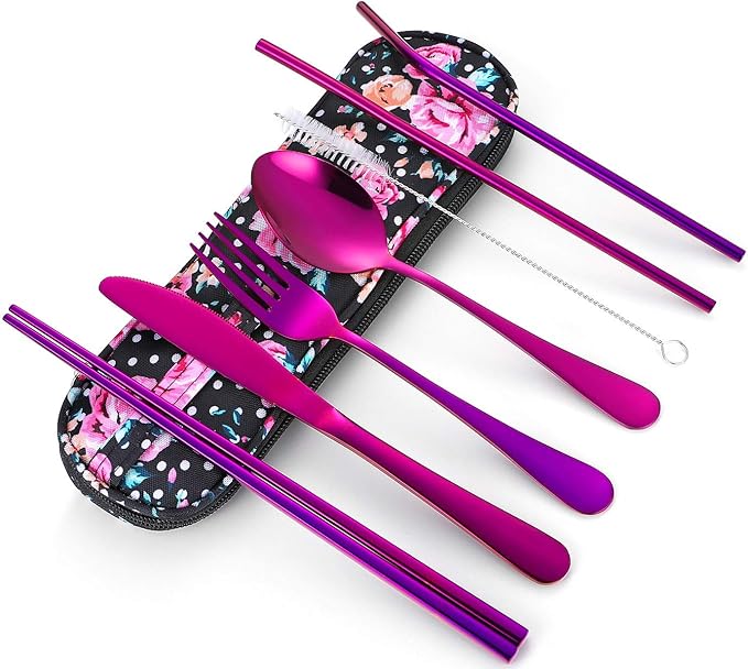 Travel Utensils,Reusable Silverware Set To Go Portable Cutlery Set with a Waterproof Carrying Case for Lunch Boxes Workplace Camping Picnic (Purple)
