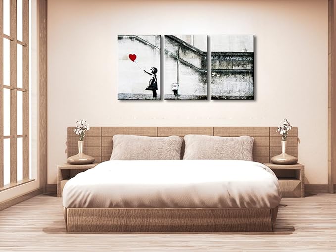 Wieco Art Banksy Grafitti Girl with Red Balloon Modern 3 Piece Famous Canvas Paintings Wall Art Inspirational Grey Love Pictures Print Artwork for Dining Room Kitchen Home Office Decor