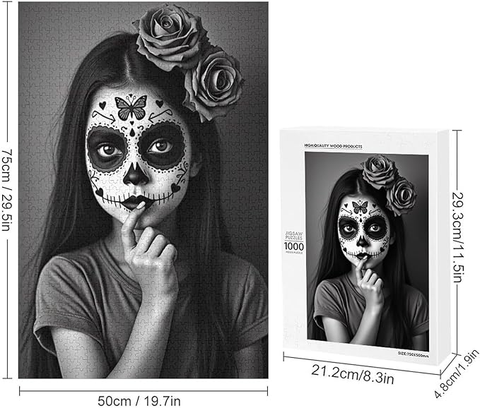 Funny Wooden Puzzle - Gorgeous Sugar Skull Lady Day of The Dead Puzzle for Adult 1000 Piece，Wooden Jigsaw Puzzles Art Leisure Game Fun Suitable Family Friends Educational Learning Games Gift