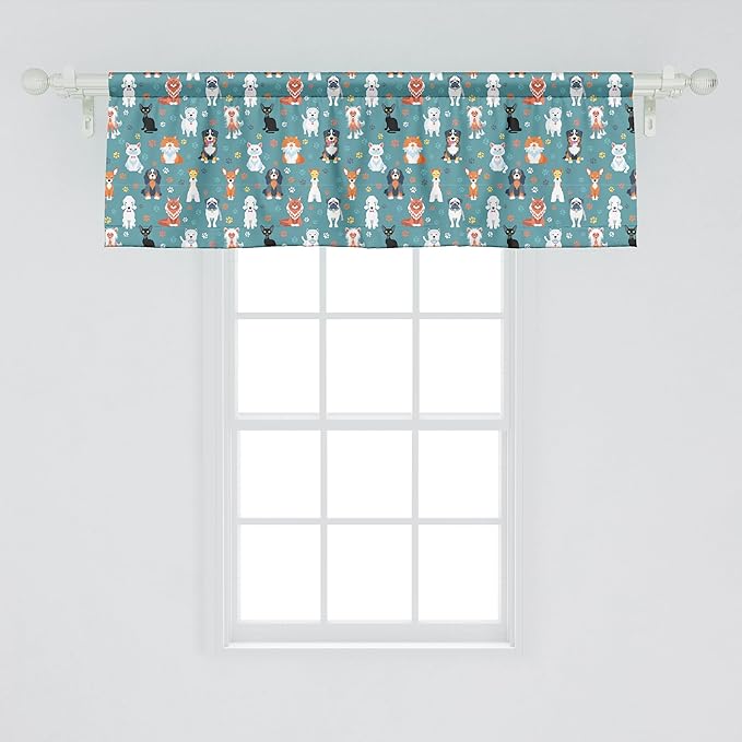 Ambesonne Animal Print Window Valance, Pet Lover Pattern Different Species of Cats and Dog Colorful Paw Prints, Curtain Valance for Kitchen Bedroom Decor with Rod Pocket, 42" x 18", White Teal