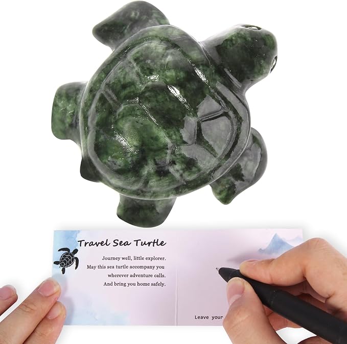 Crystal Travel Sea Turtle Figurines, Green Jade Sea Turtle Travel Gifts for Women Men Travelers, Hand Carved Good Luck Charm, Spiritual Companion Collectible Animal Statue Decors 2.1”
