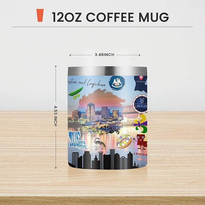 12oz Coffee Mug Louisiana State Insulated Coffee Cups, United States Map Travel Mug Landmark, Birthday Gifts Cute Mugs with Lid and Straw Mothers Day Gifts