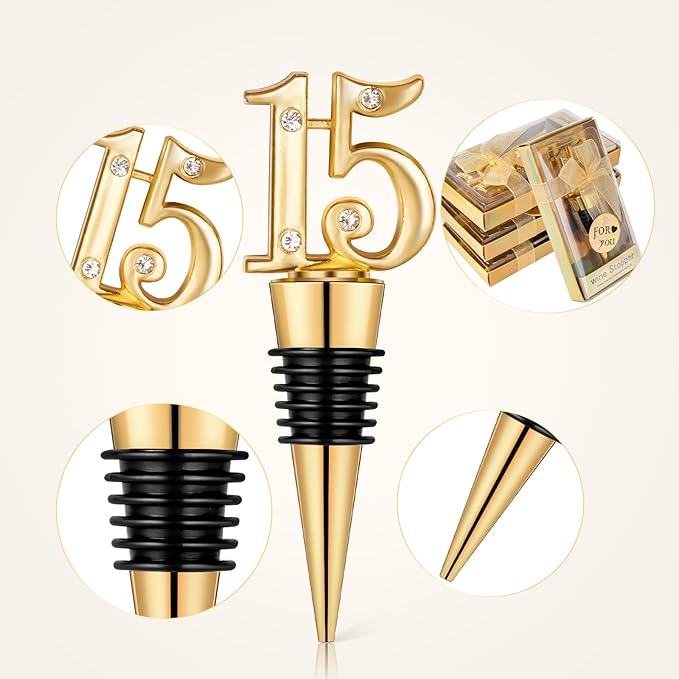 24Pack 15 Wine Bottle Stopper for 15th Birthday Party Favors, Quinceañera Party Favors 15 years old Wedding Anniversary Souvenirs or Decorations, Gift for Guests