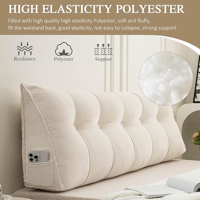 Headboard Pillow King, Chenille Triangular Wedge Pillow Headboard King Size, Reading Setting Backrest Daybed Pillows for Bed Sofa with Removable Cover, Beige