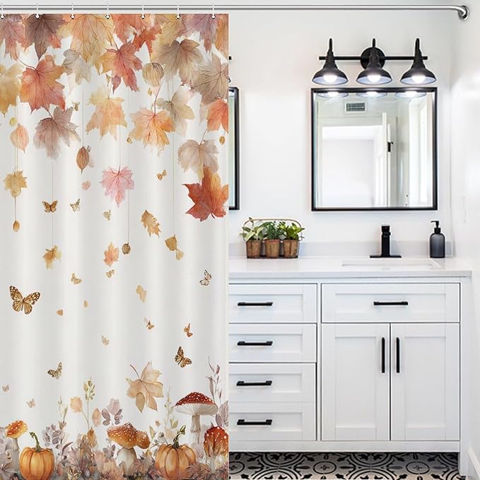 Fall Pumpkin Shower Curtain Autumn Maple Leaves Thanksgiving Harvest Waterproof Washable Fabric Bathroom Shower Curtains for Bathroom Decorations Home Indoor Decor 53x72Inch