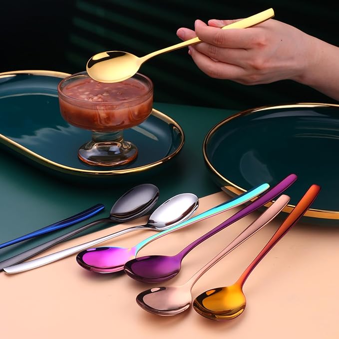 Metal Round Spoons, 8 inch Stainless Steel Reusable Long Handle Korean Soup Spoons, Table Dinner Desert Spoon Set of 8(Rose Gold)