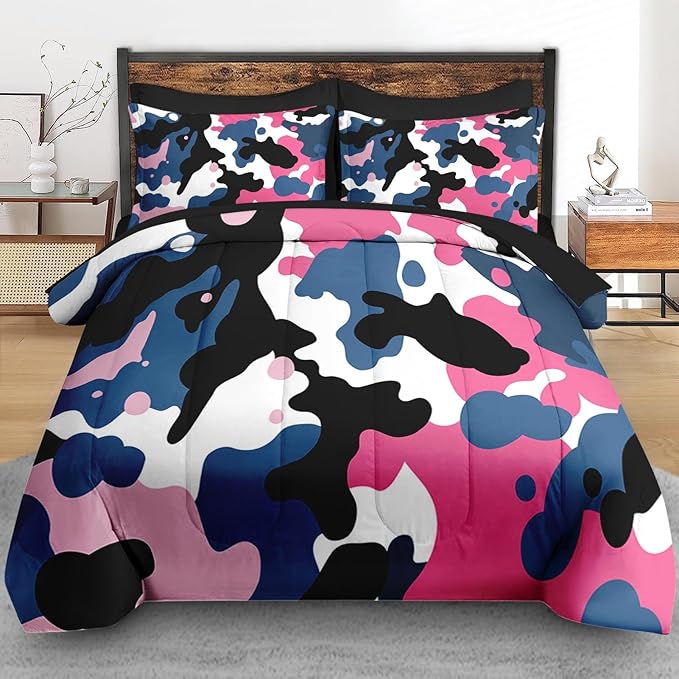 Comforter Set Full Size, Camouflage Camo Army 7 Pcs Bedding for Kids and Adults, Pink Green Summer Bed Sheet Sets with Fitted Sheet 2 Pillowcases & 2 Shams for Bedroom Bed Decor