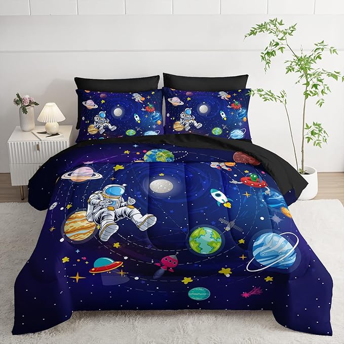 AILONEN Cute Astronaut Comforter Set Full Size,7-Piece Outer Space Planet Rocket Bed in a Bag,Comforter & Fitted Sheet with Flat Sheet & 2 Pillowcases,2 Pillow Cases for Bedroom,Soft Microfiber