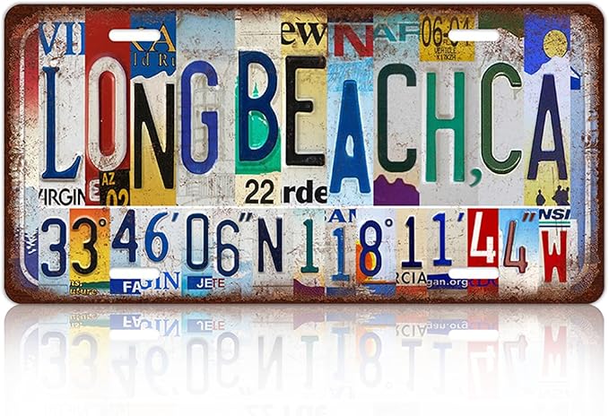 Vintage City License Plate Long Beach,Ca Wall Decor Metal Tin Sign for Bar Home Bedroom 12 x 6 Inches （Including latitude and longitude）