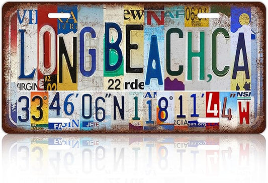 Vintage City License Plate Long Beach,Ca Wall Decor Metal Tin Sign for Bar Home Bedroom 12 x 6 Inches （Including latitude and longitude）