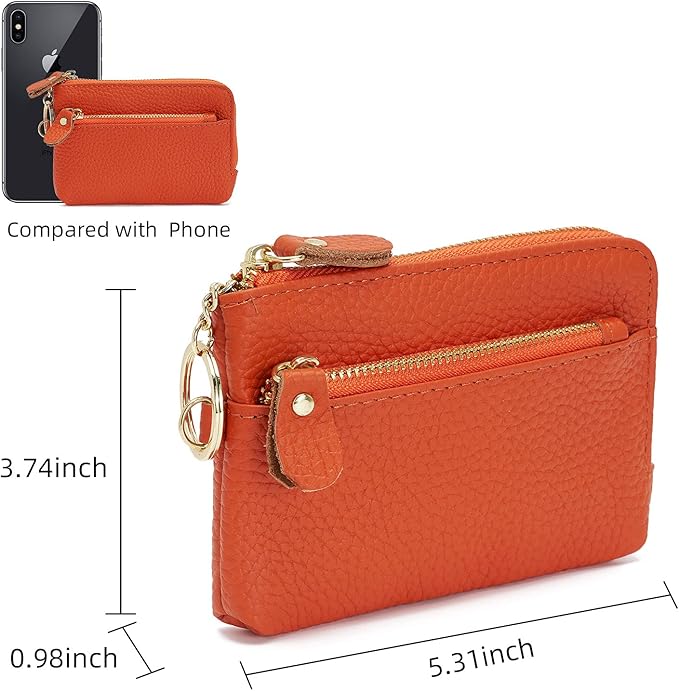 Genuine Leather Coin Purse for Women with Large Opening & Wrist Strap Navy (Orange)