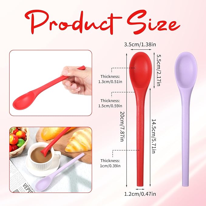 2 PCS Silicone Spoons Coffee 7.87 Inch Tea Spoon Silicone Multicolor Mix Drinks Accessory Silicone-Spoons for Coffee and Tea, Milk, Red, Purple