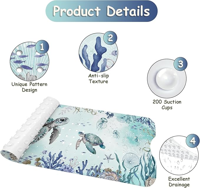 Bathtub Mat Non Slip, Turtle Extra Long Bath tub Mat Shower Floor Mat with Suction Cups and Drain Holes for Adults Kids Elderly 40 X 16 Inch