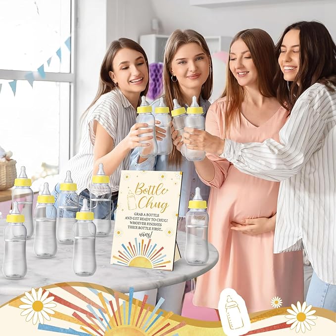TrelaCo Cool Baby Shower Games Bottle Chug Sign and 12 Pcs Baby Bottle Shower Favor Bottles for Gender Reveal Games (Yellow, Here Comes the Son)