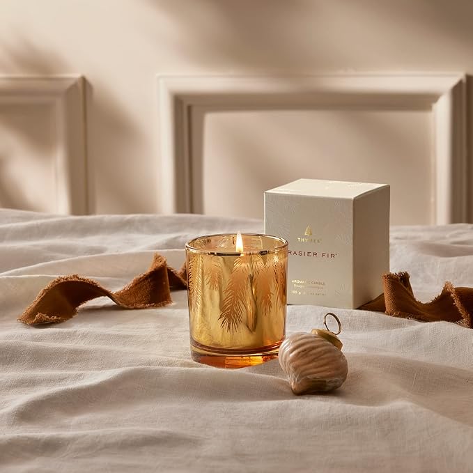 Thymes Frasier Fir Candle – Pine Needle Design – Holiday Scented Candle – Notes of Crisp Siberian Fir, Cedarwood & Sandalwood – Luxury Home Fragrance Gifts for Women & Men – Gold (Gilded, 6.5 oz)