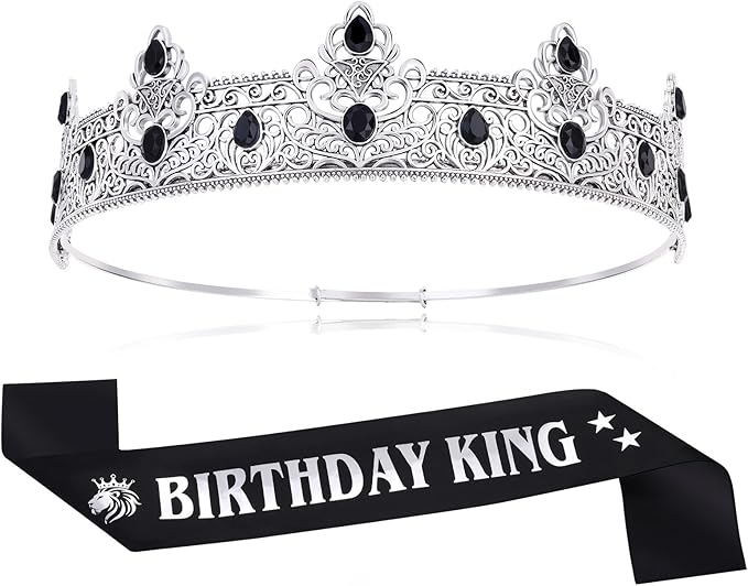 King Crown and Birthday Sash Birthday Decorations for Men Boy Royal Medieval Headband for Cosplay Prom Halloween Costume