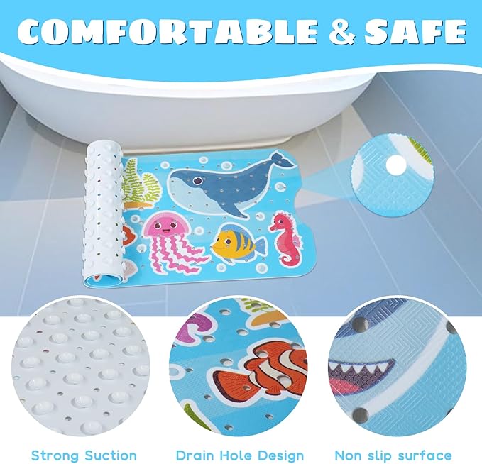 Baby Bath Mat for Tub Non Slip Kids Bathtub Mat Extra Long 40X16 Inch Toddler Bath Tub Shower Mat Anti Slip with Suction Cups & Drain Holes, Machine Washable (Whale Shark)