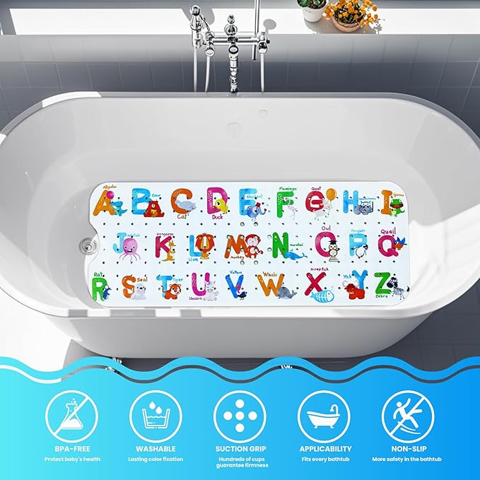 Linoows Baby Bath Tub Mat, Extra Large Non Slip Kids Cartoon Bathtub Shower Mats with Suction Cups & Drain Holes, Machine Washable for Bathroom, 40 x 16 Inch, Alphabet Animals Pattern