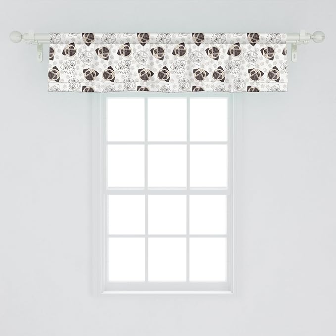 Ambesonne Dog Window Valance, Pug Portraits Traces Paw Print Background Canine Pet Illustration Mammal Animal, Curtain Valance for Kitchen Bedroom Decor with Rod Pocket, 54" X 12", Beige Brown Tan