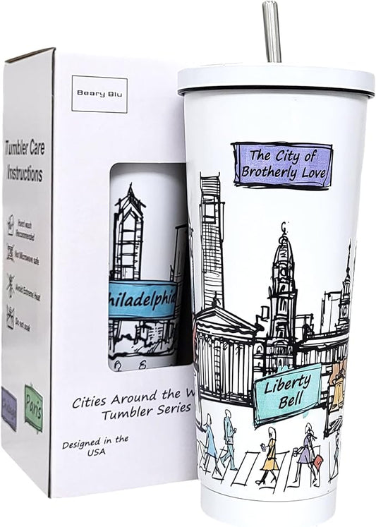 Cities Around the World 25 Oz Tumbler Series- Designed in the USA- Vacuum Insulated Tumbler with Lids Straw - Stainless Steel Coffee Water Travel Mug, Cup for Hot Cold Drink (Philadelphia)