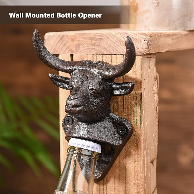 Sungmor Wall Mounted Bottle Opener, Cast Iron Cool Bull Head Bottle Opener, Beer Coke Beverage Bottle Cap Opener, Vintage Rustic Style Wall Hanging Opener, Bar Farmhouse Wall Ornament, Practical Gift