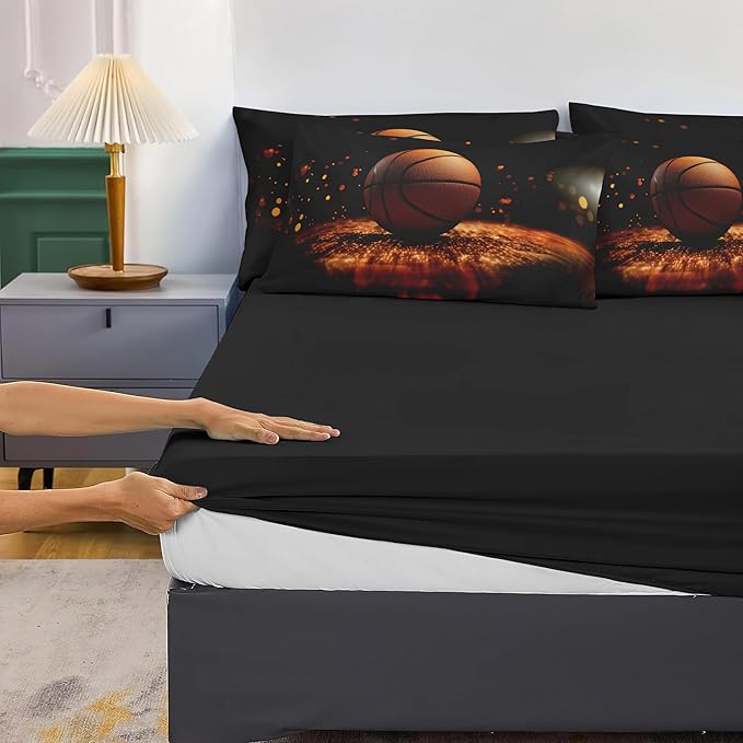 Helloosun 5PCS Basketball Bedding Full,Boys Sports Comforter Set,Full Basketball Comforter for Boys,Red and Black Court Bed Set