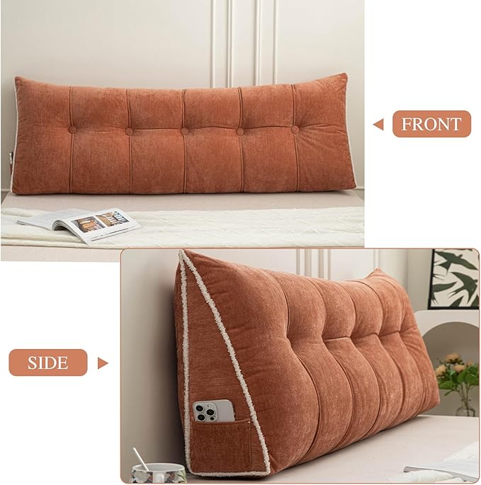 Headboard Pillow Twin, Chenille Triangular Wedge Pillow Headboard Twin Size, Reading Setting Backrest Daybed Pillows for Bed Sofa with Removable Coverr, Orange