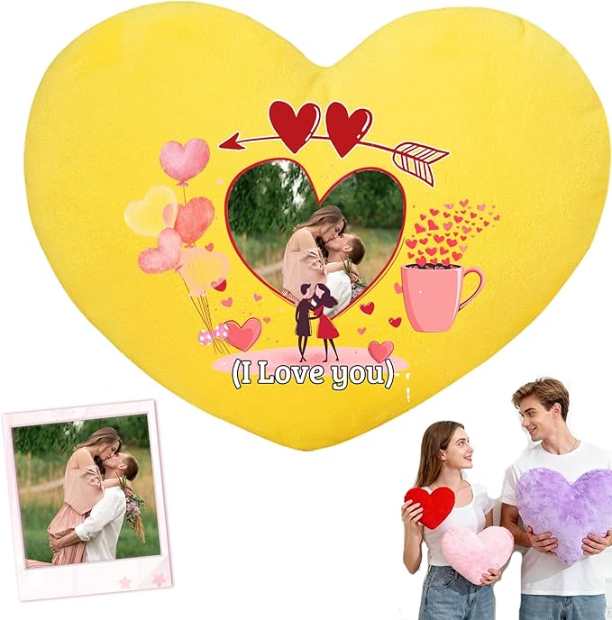 Custom Heart Pillow with Photo Text, Personalized Heart Shaped Pillow with Insert as Valentine Pillows Home Decor Personalized Gifts for Husband Wife Kids Family on Valentines Day Anniversary