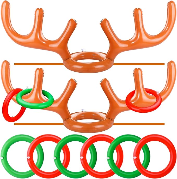 2 Set Inflatable Reindeer Antler Ring Toss Game for Christmas, with 2 Antlers and 8 Rings, Indoor Outdor Game Hats Family Christmas for Teens Adults, Fun Xmas Gifts