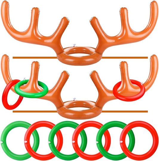 2 Set Inflatable Reindeer Antler Ring Toss Game for Christmas, with 2 Antlers and 8 Rings, Indoor Outdor Game Hats Family Christmas for Teens Adults, Fun Xmas Gifts