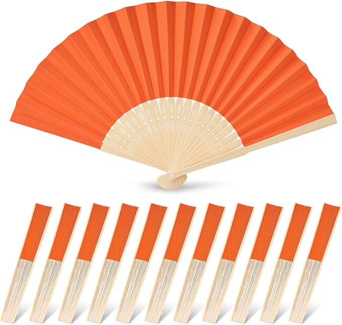 JOHOUSE 12 Packs Paper Folding Hand Fans, 8.3 Inch Orange Paper Fans Handheld Decorative Accessories for Wedding, Outdoor Party Favors, Bridal Shower DIY Decoration Photography Props