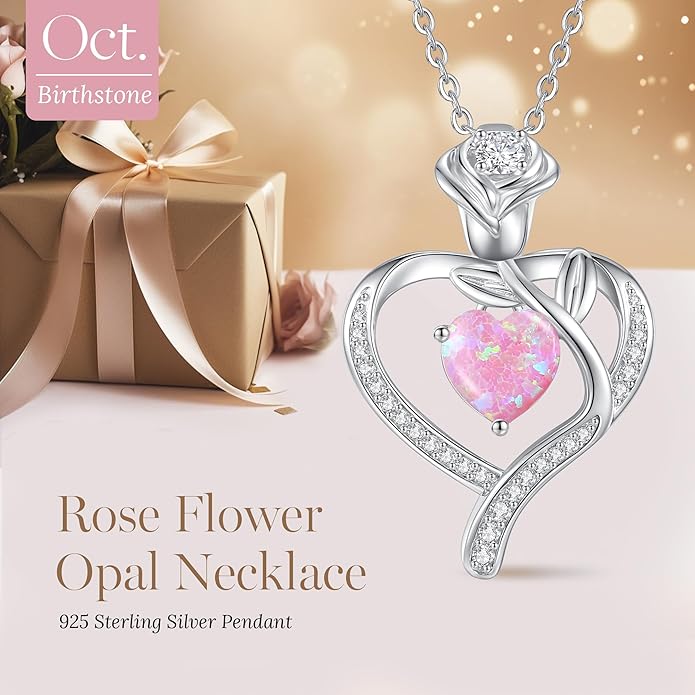 LOUISA SECRET Rose Flower Heart Birthstone Necklaces for Women, 925 Sterling Silver Fine Jewelry, Pendant Heart Necklaces Birthday Anniversary Christmas Gift for Women Wife Mom Girlfriend Lady