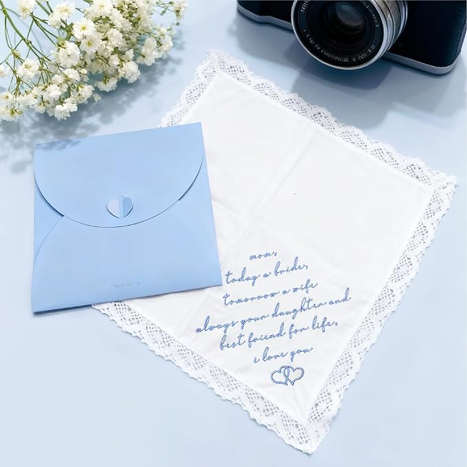 LADY&HOME Something Blue Embroidered Wedding Handkerchief - Mom,Dad,Daughter,Lace Bridal Hankies Wedding Gifts