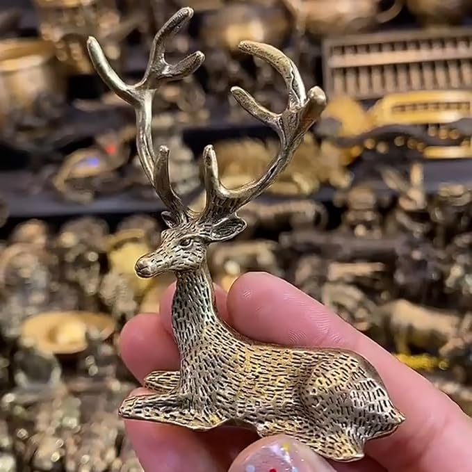 Christmas Brass Deer Figurines,Mini Solid Brass Statue,2Pcs Miniature Deer Statues for Christmas Decor, Home Decorations