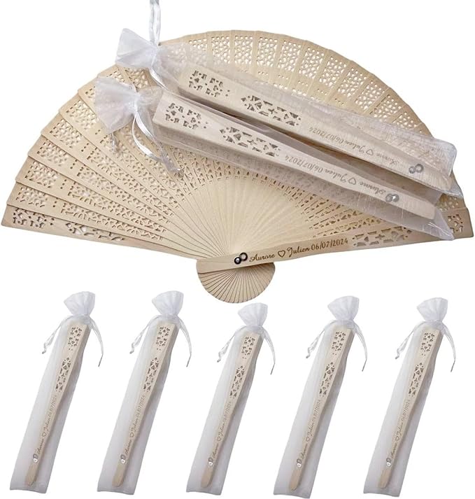 100Pcs Personalized Sandalwood Wedding Fans -Custom Elegant Handheld Fans for Brides, Grooms, and Guests - Perfect Wedding Favors and Decor (with Organza Bags)