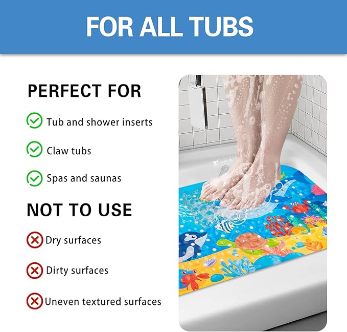 Kids Bath Mat with Ocean Theme Design, 27.6 X 13.8 inches, Non-Slip with 140 Suction Cups, Cartoon Sea Animals Pattern (Small Whale + Dolphin, 27.6 X 13.8in)