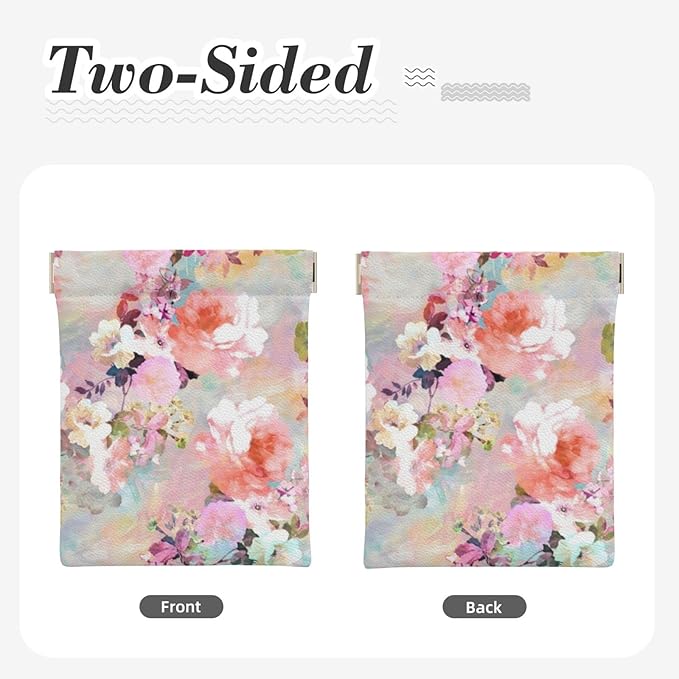 Coin Purse Watercolor Pink Flowers Pattern Leather Squeeze Coin Purse Mini Pouch Change Wallet Bag Gifts for Women Kids Girls Key Holder