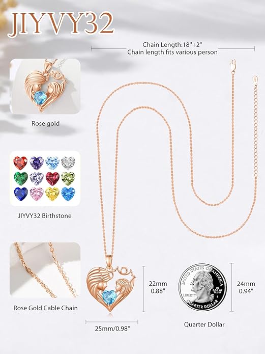 Mother and Daughter/Son Love Heart Necklace White Gold/14K Gold/Rose Gold Birthstone Jewelry Christmas Mothers Day Birthday Gifts For Mom Wife Grandma Women