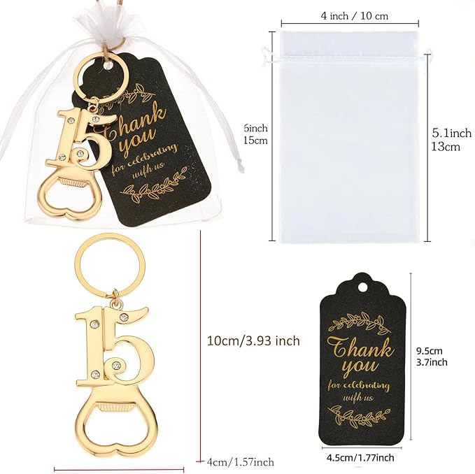 24 pcs 15th Gold Keychain Bottle Opener Birthday Party Favors for Guests,15th Beer Bottle Opener Favors Bulk for 15 Birthday Anniversary Souvenirs Party Decor Supplies (Gold 15th)