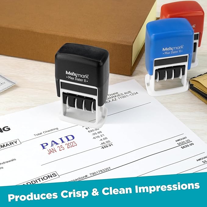 MaxMark Self-Inking Rubber Date Office Stamp with Posted Phrase & Date - RED Ink (Max Dater II), 12-Year Band