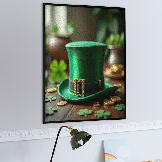 Saint Patrick's Day Green Shamrock Shamrock Hat Lucky Wooden Puzzle 1000 Pieces Jigsaw Puzzles for Adults Puzzle Educational Toys Challenging Fun Games Gifts for Elders Kids Family and Friends