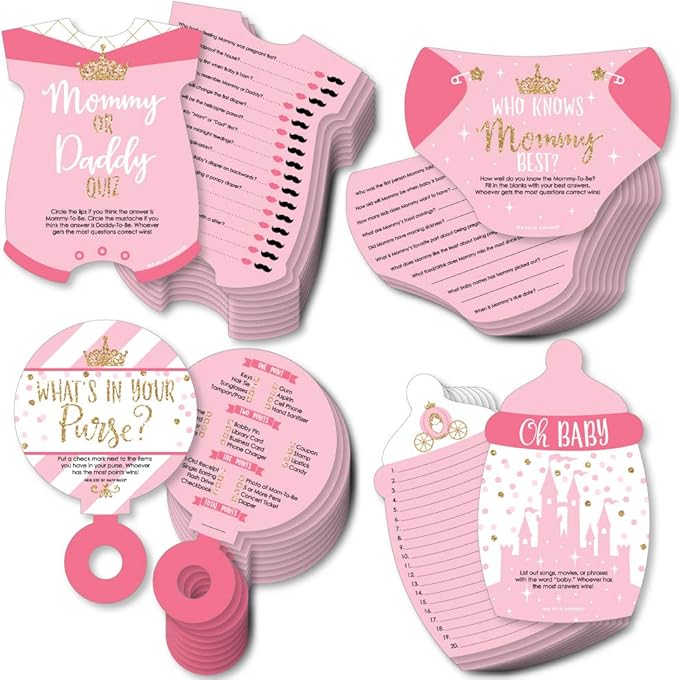 Big Dot of Happiness Little Princess Crown - 4 Pink and Gold Princess Baby Shower Games - 10 Cards Each - Who Knows Mommy Best, Mommy or Daddy Quiz, What’s in Your Purse and Oh Baby - Gamerific Bundle