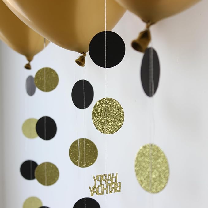 Gold and Black Happy Birthday Decorations, 6PCS Glittery Circle Dots Garland and 6PCS Gold/Black Balloons for Birthday Party Decor Balloon Tails