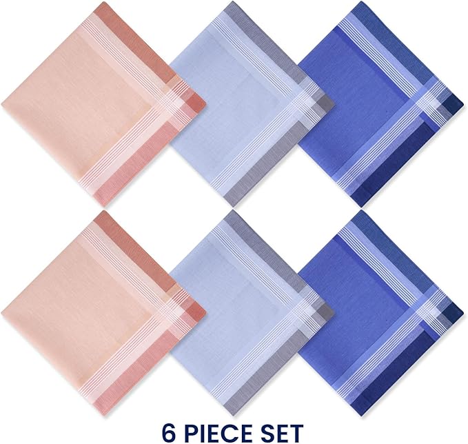 Zenssia Men's Soft Cotton Handkerchiefs Assorted Color with Stripe 6 Piece Gift Set