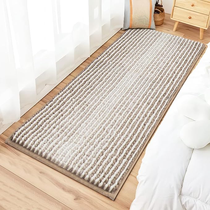 HDFK Bath Mat & Bathroom Rug - Extended Chenille Soft, Machine Washable Non-Slip Shower Carpet Absorbent with Hot Melt Adhesive Base, Slim Fit Striped for Bathtub Floors (47x20 Inch, Tan & White)
