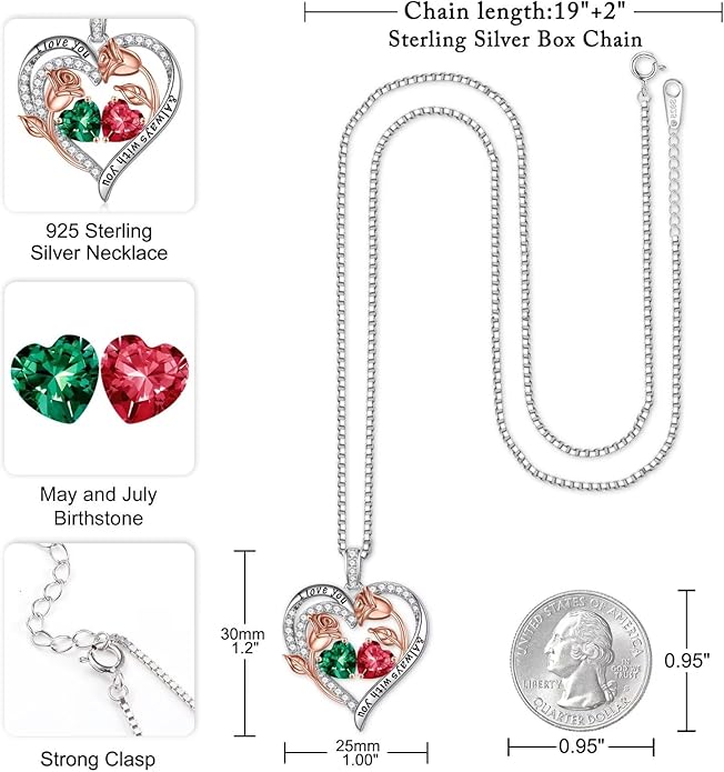 Iefil Valentines Day Gifts for Her - 925 Sterling Silver Rose Heart Birthstone Necklace Birthday Anniversary Jewelry Gifts for Her Wife Mom Daughter