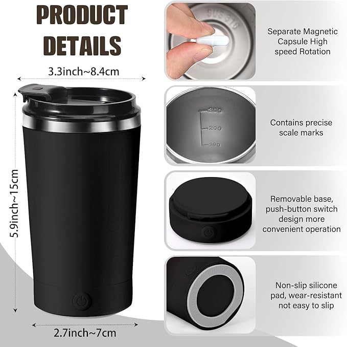 hatisan Self Stirring Coffee Mug With Lid Electric High Speed Self Stirring Mug 400ml Rechargeable Detachable Stainless Steel Self Stirring Cup for Coffee, Milk, Cocoa Christmas Gift(Black)