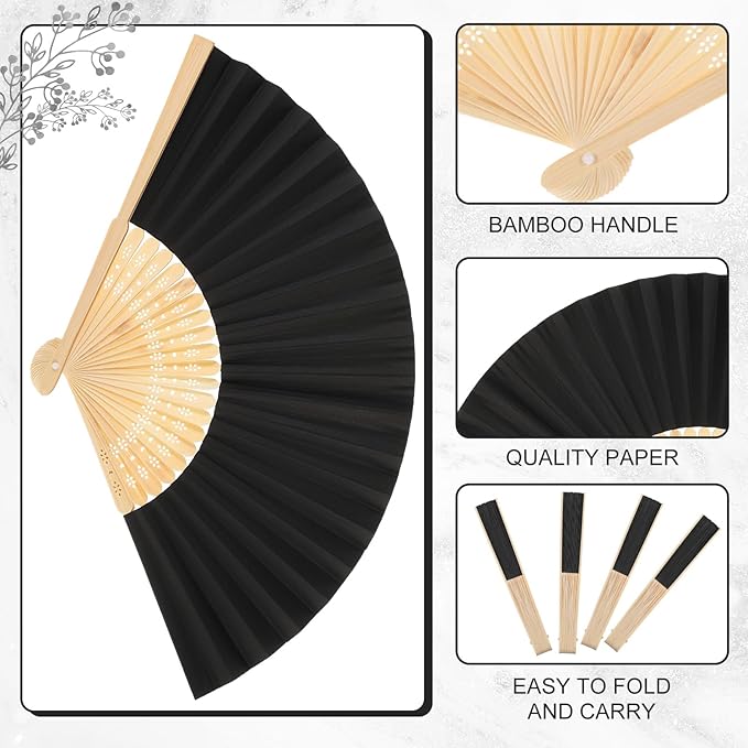 Yinkin 24 Pack Folding Fans Bamboo Handheld Folded Craft Hand Japanese Chinese Fans for Weddings Bridal Dancing Church DIY Decoration Women Gift Party Favors (Black)