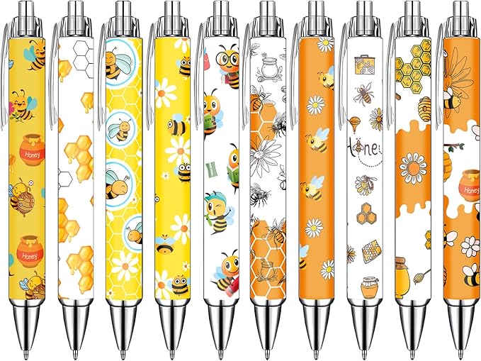 Idealmuzik Bee Pens Set – Cute Yellow & White Bumblebee-Themed Gel Pens for Teens, and Adults – Fun Bee Stationery for School, Office, Journaling, and Gift Giving, 10 Pack